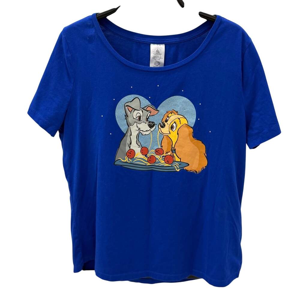 Disney Lady and the Tramp Womens Large Blue T-Shirt Spaghetti Heart Rhinestone